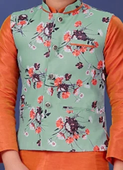 Powder Blue Cotton Printed Nehru Jacket