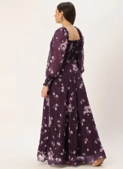 Teen Girls Purple Georgette Printed Pleated Yoke Gown Festive Wear -Mahra Clothing Shop Purple Georgette Printed Pleated Yoke Gown IWBS02303634 b