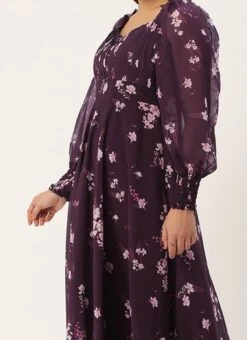 Teen Girls Purple Georgette Printed Pleated Yoke Gown Festive Wear