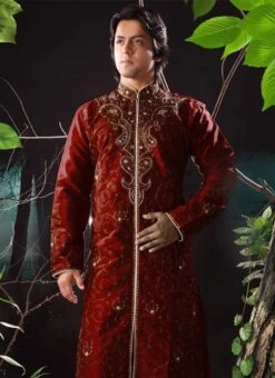 Maroon Art Dupion Silk Kurta Pyjama Party Wear -Mahra Clothing Shop Red Art Dupion Silk Kurta Pyjama KPDSS586 b