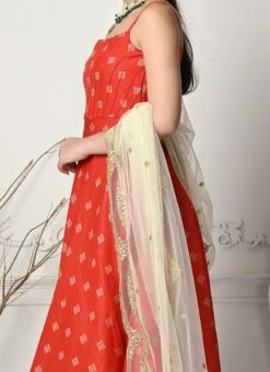 Teen Girls Red Art Silk Anarkali Suit Festive Wear