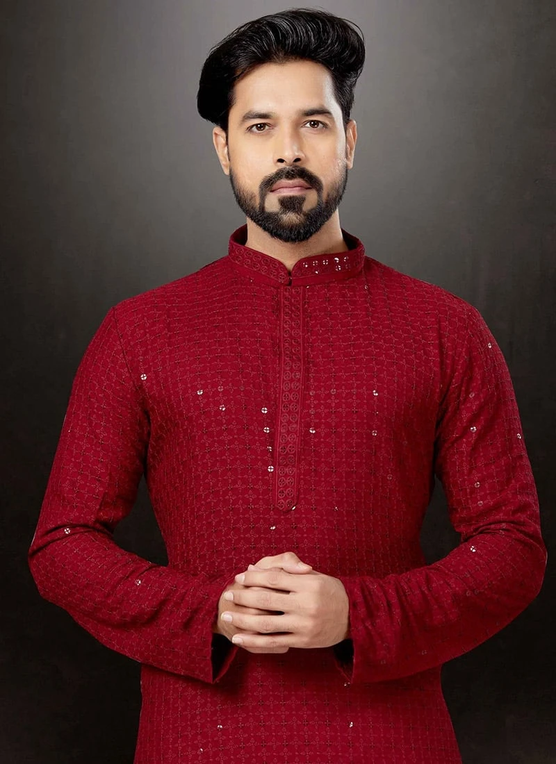 Maroon Cotton Lucknowi Embroidery Kurta Pyjama Party Wear 3 Maroon Cotton Lucknowi Embroidery Kurta Pyjama Party Wear - Image 3