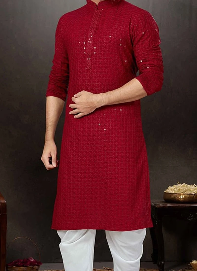 Maroon Cotton Lucknowi Embroidery Kurta Pyjama Party Wear 1 Maroon Cotton Lucknowi Embroidery Kurta Pyjama Party Wear