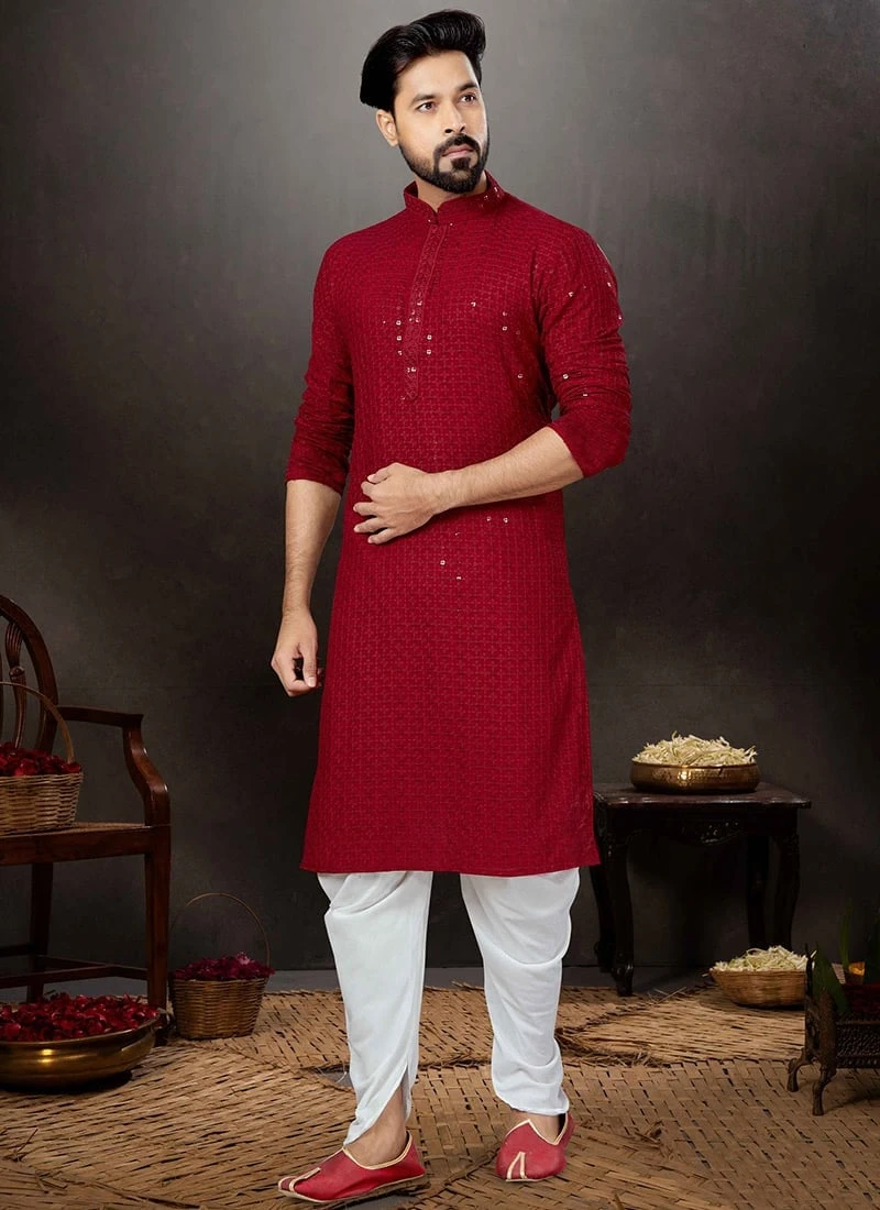 Maroon Cotton Lucknowi Embroidery Kurta Pyjama Party Wear 2 Maroon Cotton Lucknowi Embroidery Kurta Pyjama Party Wear - Image 2