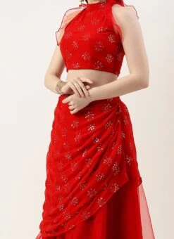 Teen Girls Red Georgette Draped Lehenga Set Wedding Wear