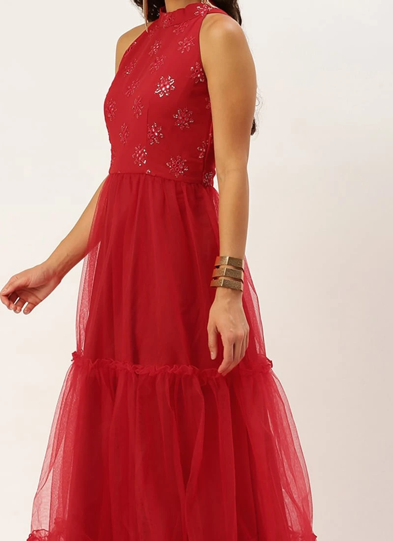 Red Georgette Embroidered Dress Festive Wear 1 Red Georgette Embroidered Dress Festive Wear