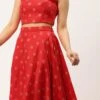 Teen Girls Red Jacquard Crop Top N Skirt With Cape Festive Wear