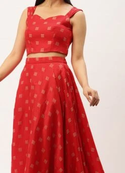 Teen Girls Red Jacquard Crop Top N Skirt With Cape Festive Wear