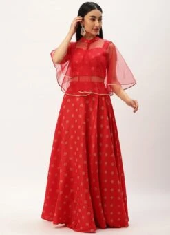 Teen Girls Red Jacquard Crop Top N Skirt With Cape Festive Wear -Mahra Clothing Shop Red Jacquard Crop Top N Skirt With Cape IWBS02301050 u 1