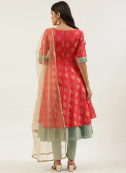 Red Jacquard N Sea Green Anarkali Suit Festive Wear -Mahra Clothing Shop Red Jacquard N Sea Green Anarkali Suit SLBS02204846 b