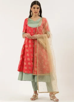 Red Jacquard N Sea Green Anarkali Suit Festive Wear -Mahra Clothing Shop Red Jacquard N Sea Green Anarkali Suit SLBS02204846 u