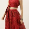 Teen Girls Red Organza Digital Printed Crop Top N Skirt Festive Wear