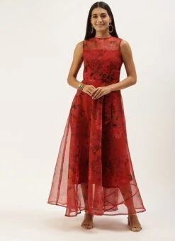 Red Organza Digital Printed Dress Party Wear -Mahra Clothing Shop Red Organza Digital Printed Dress DRBS02107581 u