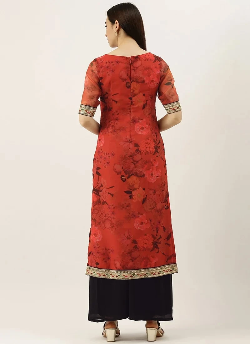 Teen Girls Red Printed Organza Calf Length Kurta Set After Six Wear 4 Teen Girls Red Printed Organza Calf Length Kurta Set After Six Wear - Image 4