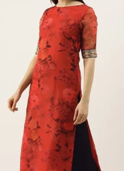 Red Printed Organza Calf Length Top Festive Wear