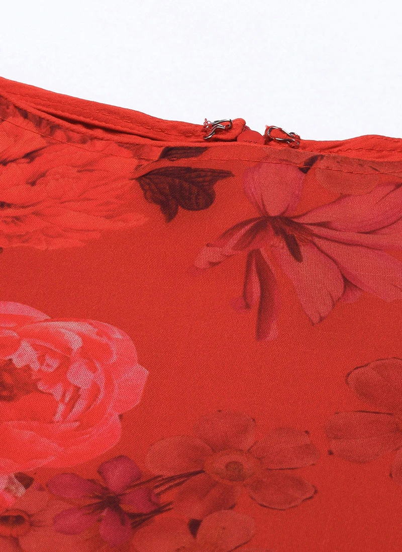 Red Printed Organza Calf Length Top Festive Wear 5 Red Printed Organza Calf Length Top Festive Wear - Image 5