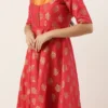 Red Taffeta Jacquard Half Circular Dress Festive Wear