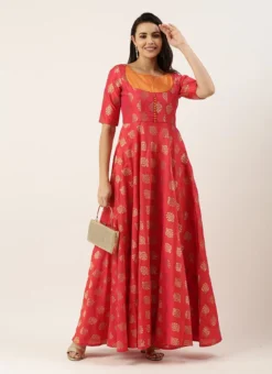 Red Taffeta Jacquard Half Circular Dress Festive Wear -Mahra Clothing Shop Red Taffeta Jacquard Half Circular Dress DRBS02204664 u
