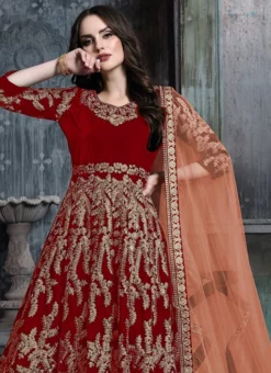 Red Velvet Anarkali Suit Party Wear -Mahra Clothing Shop Red Velvet Anarkali Suit SLSCC1601D b