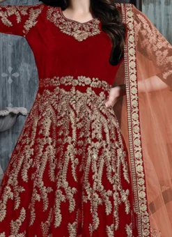 Red Velvet Anarkali Suit Party Wear