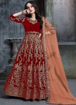 Red Velvet Anarkali Suit Party Wear -Mahra Clothing Shop Red Velvet Anarkali Suit SLSCC1601D u
