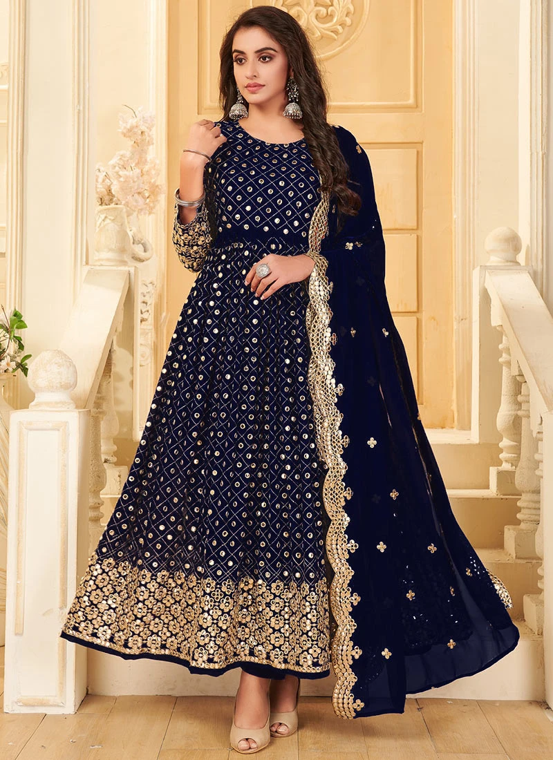 Royal Blue Georgette Mirror Embroidered Anarkali Suit Party Wear 3 Royal Blue Georgette Mirror Embroidered Anarkali Suit Party Wear - Image 3