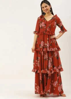 Rust Georgette Digital Printed Gown After Six Wear 10 Rust Georgette Digital Printed Gown After Six Wear -Mahra Clothing Shop Rust Georgette Digital Printed Gown DRBS02206242 u