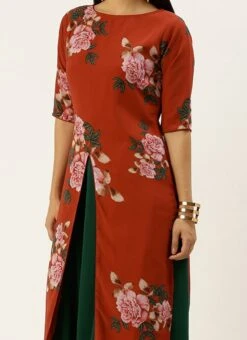 Rust Printed N Green Georgette Kurta Skirt Set After Six Wear