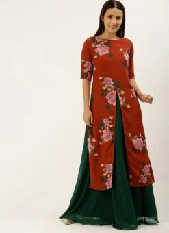 Rust Printed N Green Georgette Kurta Skirt Set After Six Wear -Mahra Clothing Shop Rust Printed N Green Georgette Kurta Skirt Set KSBS02107573 u