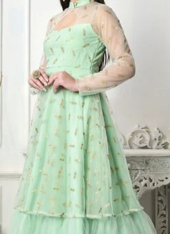 Teen Girls Sea Green Embroidered Layered Style Gown Wedding Wear