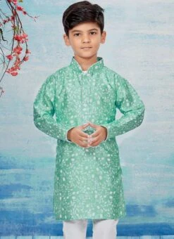 Sea Green Silk Dupion Printed Kids Kurta Pyjama Party Wear -Mahra Clothing Shop Sea Green Silk Dupion Printed Kids Kurta Pyjama KDBSGRK721 b