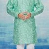 Sea Green Silk Dupion Printed Kids Kurta Pyjama Party Wear