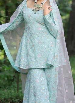 Teen Girls Sky Blue Embroidered Georgette Ghrara Suit Wedding Wear