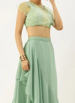 Teen Girls Sky Blue N Green Organza Jacquard Lehenga Festive Wear