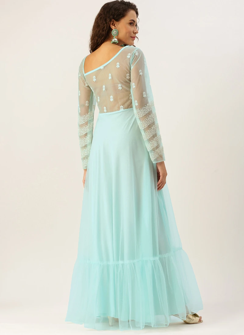Teen Girls Sky Blue Net Embroidered Gown Party Wear 4 Teen Girls Sky Blue Net Embroidered Gown Party Wear - Image 4