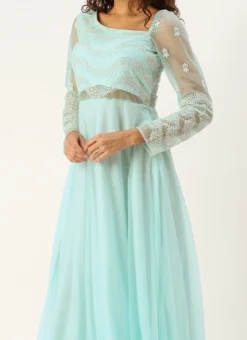 Teen Girls Sky Blue Net Embroidered Gown Party Wear