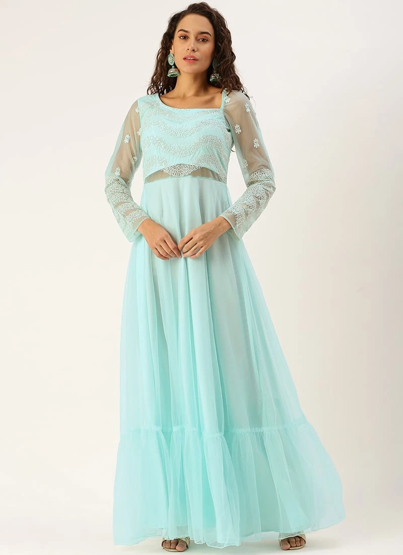 Teen Girls Sky Blue Net Embroidered Gown Party Wear 3 Teen Girls Sky Blue Net Embroidered Gown Party Wear - Image 3