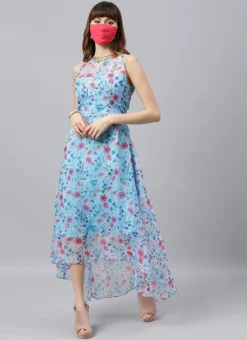 Sky Blue Printed Organza Asymmetrical Dress After Six Wear -Mahra Clothing Shop Sky Blue Printed Organza Asymmetrical Dress DRBS02105407 u