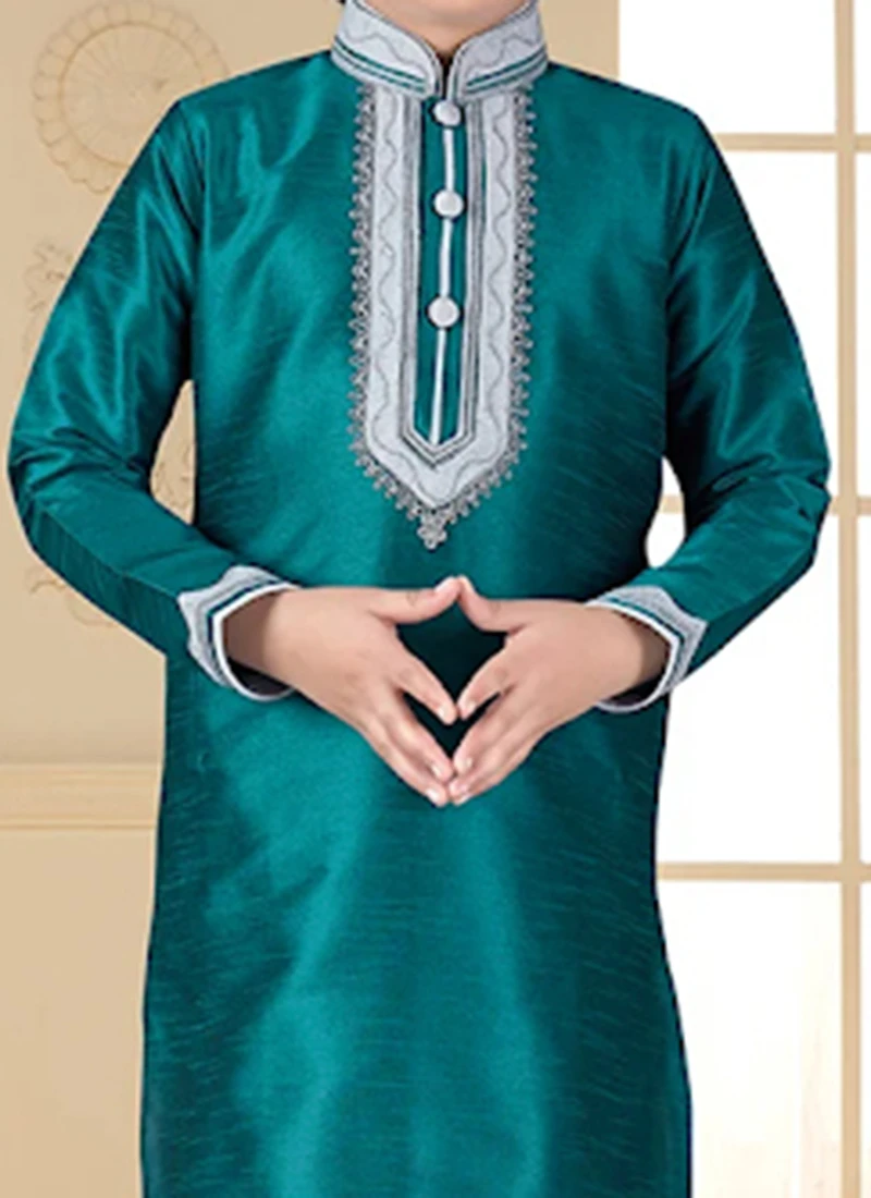 Teal Art Silk Kurta Pyjama Set 1 Teal Art Silk Kurta Pyjama Set