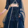 Teen Girls Teal Blue Embroidered Georgette Tiered Lehenga Set Festive Wear