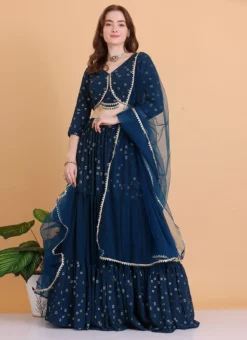 Teen Girls Teal Blue Embroidered Georgette Tiered Lehenga Set Festive Wear -Mahra Clothing Shop Teal Blue Embroidered Georgette Tiered Lehenga Set GHBS02304083 u 1
