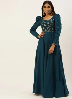 Teen Girls Teal Blue Georgette Embroidered N Art Silk Gown Party Wear -Mahra Clothing Shop Teal Blue Georgette Embroidered N Art Silk Gown IWBS02205034 u