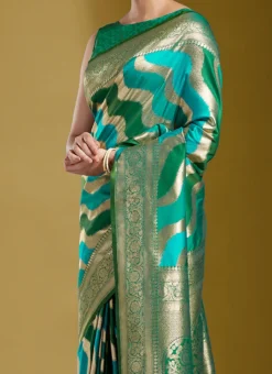 Teal Blue Satin Zari Woven Work Saree Festive Wear