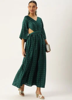 Teal Green Art Silk Foil Printed Maxi Dress Festive Wear -Mahra Clothing Shop Teal Green Art Silk Foil Printed Maxi Dress DRBS02211113 u