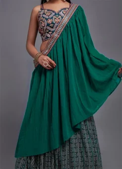 Teal Green Embroidery Batik Printed Viscose Umbrella Lehenga Party Wear