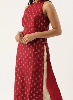Teen Girls Beige N Maroon Halter Neck Style Kurta Set Festive Wear
