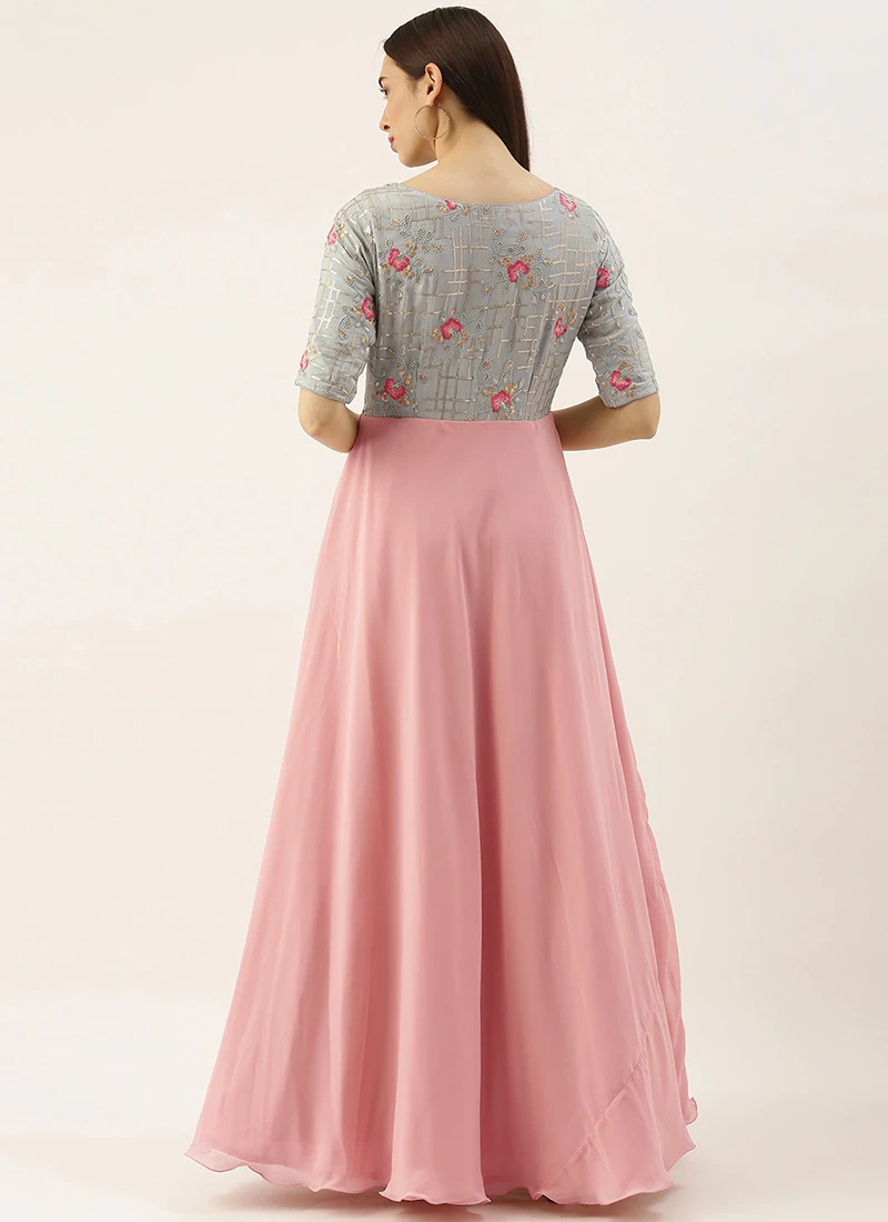 Teen Girls Blue Chinon Embroidered N Pink Gown Festive Wear 4 Teen Girls Blue Chinon Embroidered N Pink Gown Festive Wear - Image 4