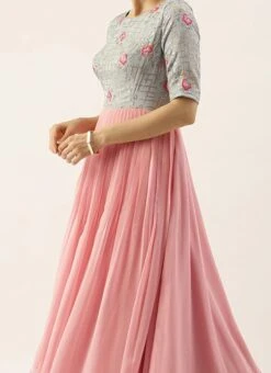 Teen Girls Blue Chinon Embroidered N Pink Gown Festive Wear