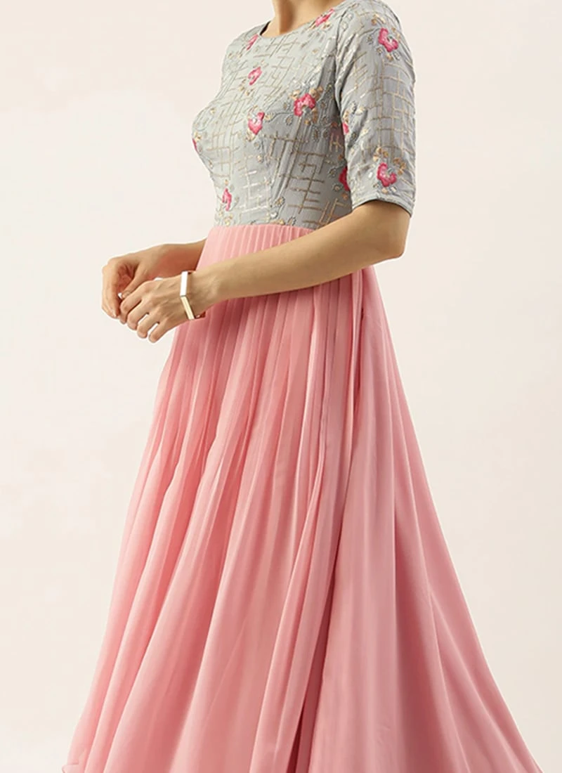 Teen Girls Blue Chinon Embroidered N Pink Gown Festive Wear 1 Teen Girls Blue Chinon Embroidered N Pink Gown Festive Wear