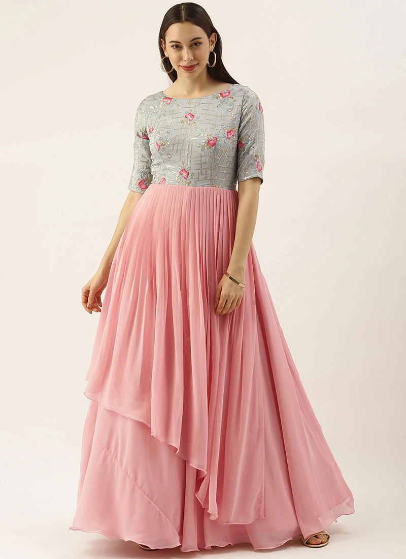 Teen Girls Blue Chinon Embroidered N Pink Gown Festive Wear 3 Teen Girls Blue Chinon Embroidered N Pink Gown Festive Wear - Image 3